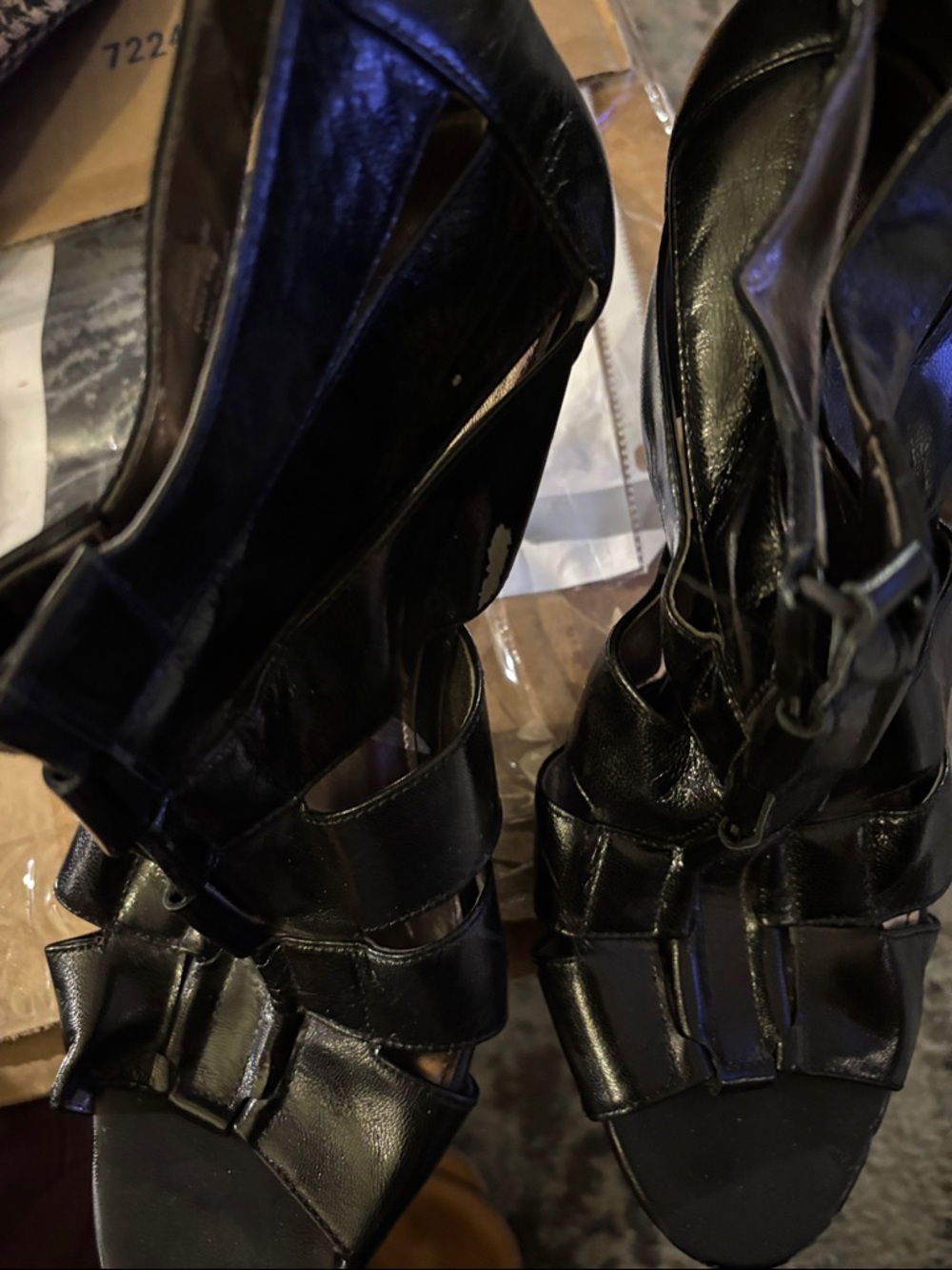 Calvin Klein Black Patent Leather Strappy High Heels (4” heels)